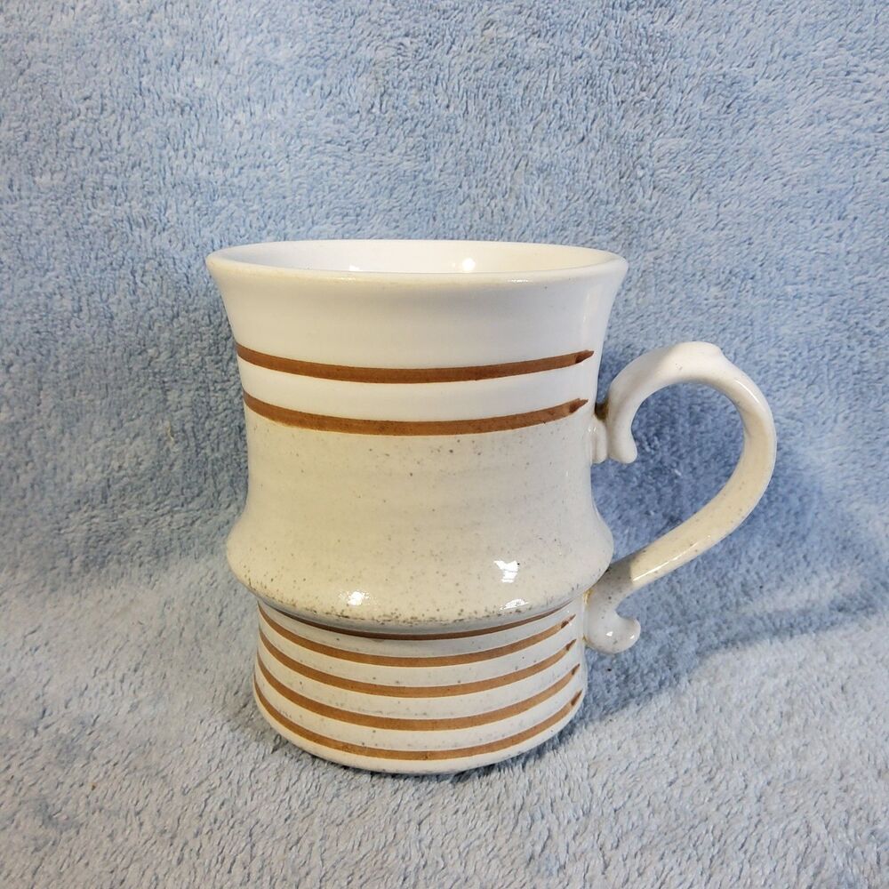 Vintage Stoneware Coffee Mug Off White Oatmeal Speckle Brown Stripe Cottagecore
